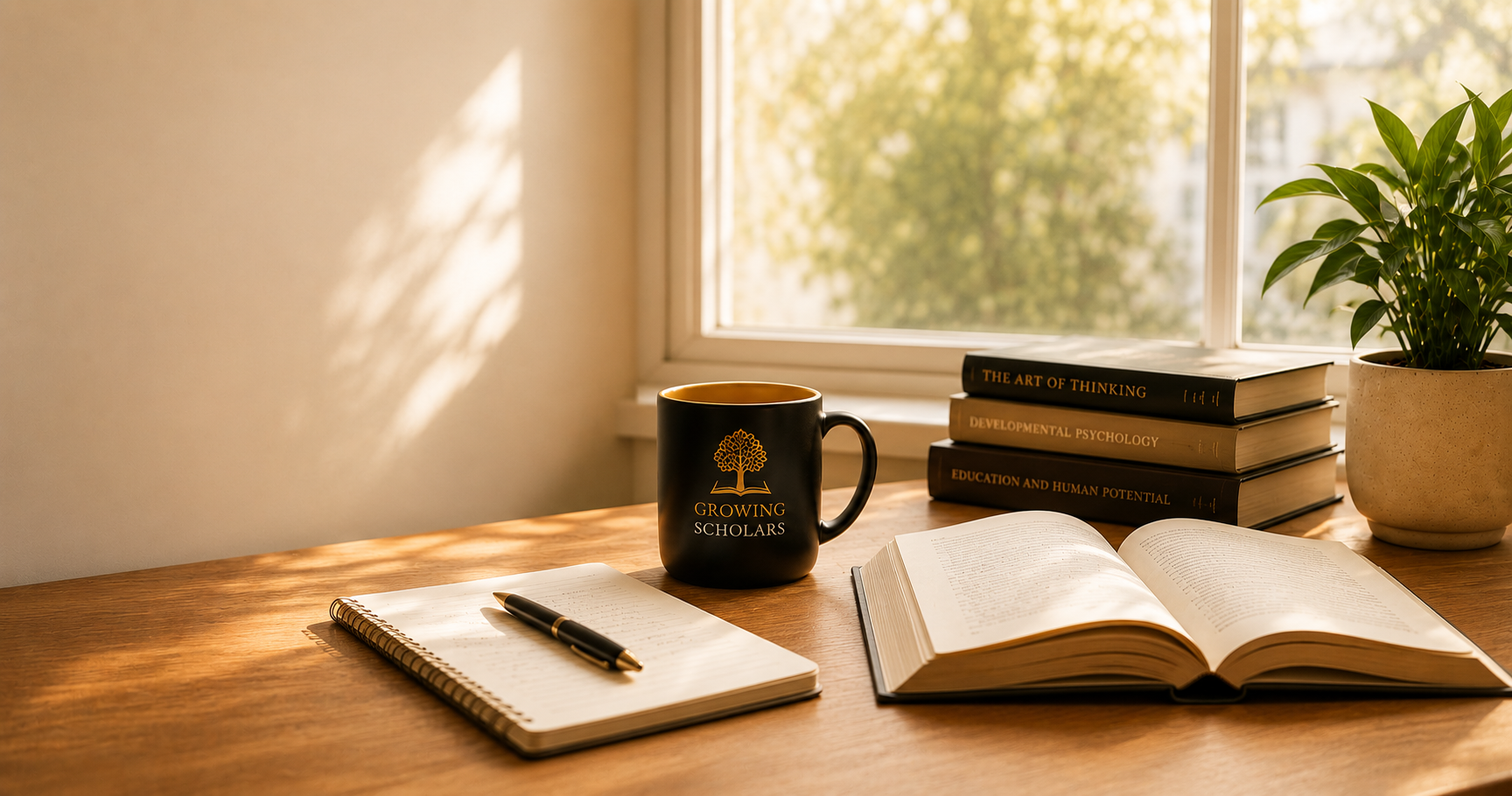 Academic desk with Growing Scholars mug, books, and open notebook
