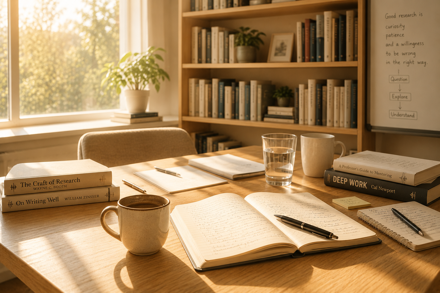 Academic office with bookshelf and research notes
